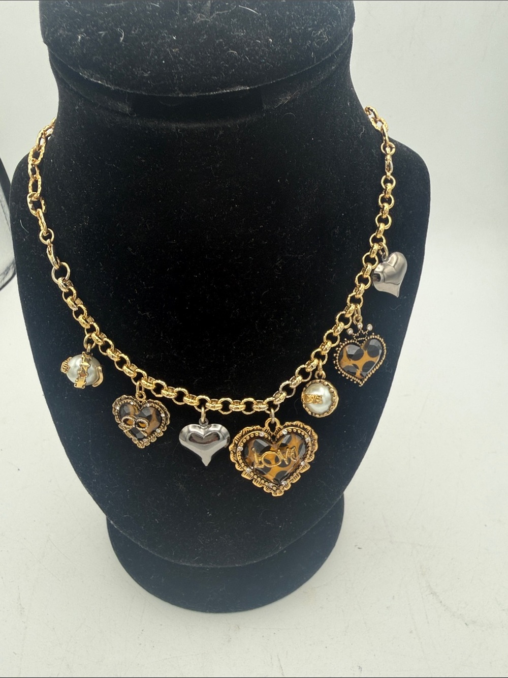 Betsey Johnson Leopard Heart Faux Pearl Love Convertible Necklace